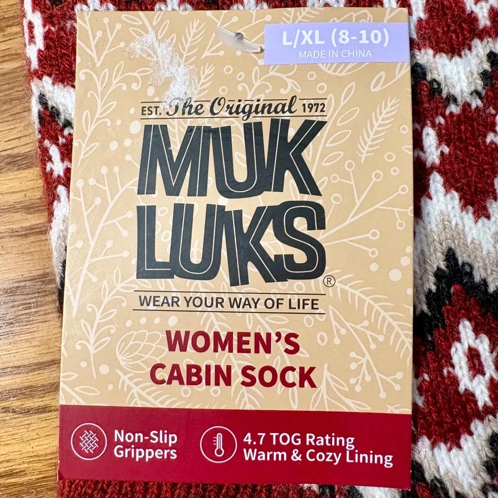 Muk Luks Womens Cabin Socks L/XL 8-10 Burgundy Fair Isle Faux‎ Sherpa Lined NWT